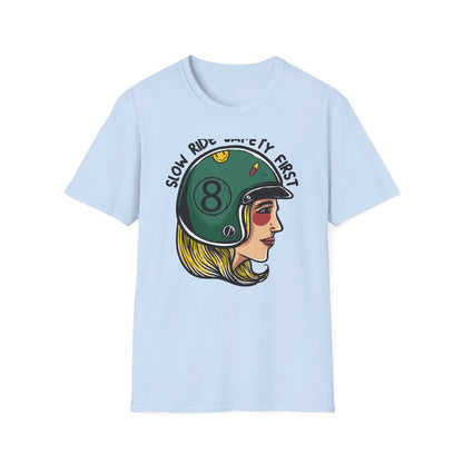 Vibrant Biker Girl Helmet T-Shirt | "Slow Ride Safety First" Retro Motorcycle Rider Tee for Women