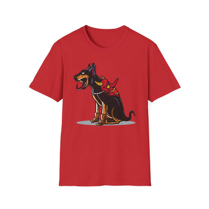 Fierce Doberman Hannya Mask T-Shirt: Epic Japanese Demon Dog Design. Bold Statement Tee for Edgy Dog Lovers & Culture Fans.