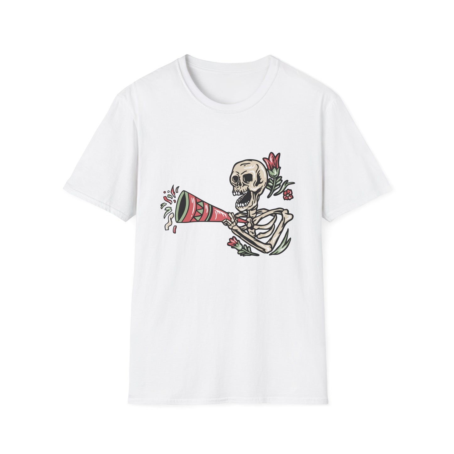 Vibrant Party Skeleton T-Shirt - Fun Quirky Floral Horn Blasting Graphic Tee