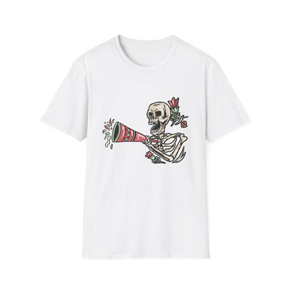 Vibrant Party Skeleton T-Shirt - Fun Quirky Floral Horn Blasting Graphic Tee