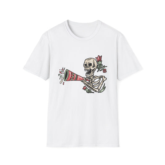 Vibrant Party Skeleton T-Shirt - Fun Quirky Floral Horn Blasting Graphic Tee