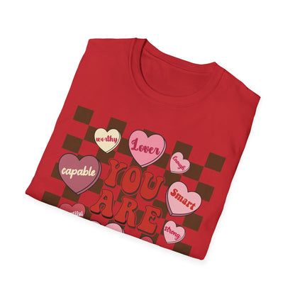 Empowering 'You Are' Positive Affirmation T-Shirt - Retro Candy Heart Self-Love Tee for Women & Teens - Ultimate Confidence Booster Gift