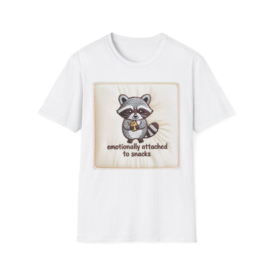 Adorable Raccoon Snack Lover T-Shirt | Funny Emotionally Attached to Snacks Tee | Ultimate Cozy Foodie Gift