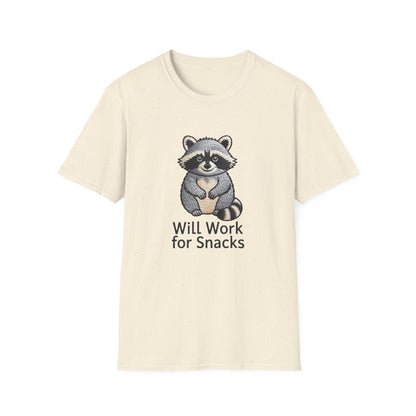 Hilarious "Will Work for Snacks" Raccoon T-Shirt - Adorable Embroidered Look Tee for Animal & Food Lovers! Must-Have Funny Gift