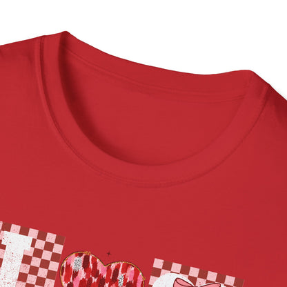 Chic "I Love You" Heart & Bow T-Shirt - Unique Distressed Checkered Design for Valentine's Day & Romantic Gifts for Her