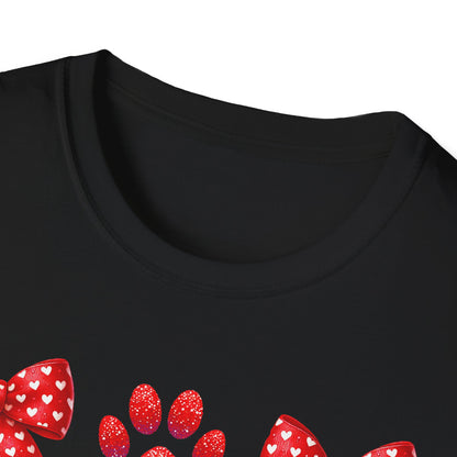 Charming Pet Love T-Shirt: Red Heart Bows & Glitter Paw Prints | Valentine's Day Animal Lover Tee