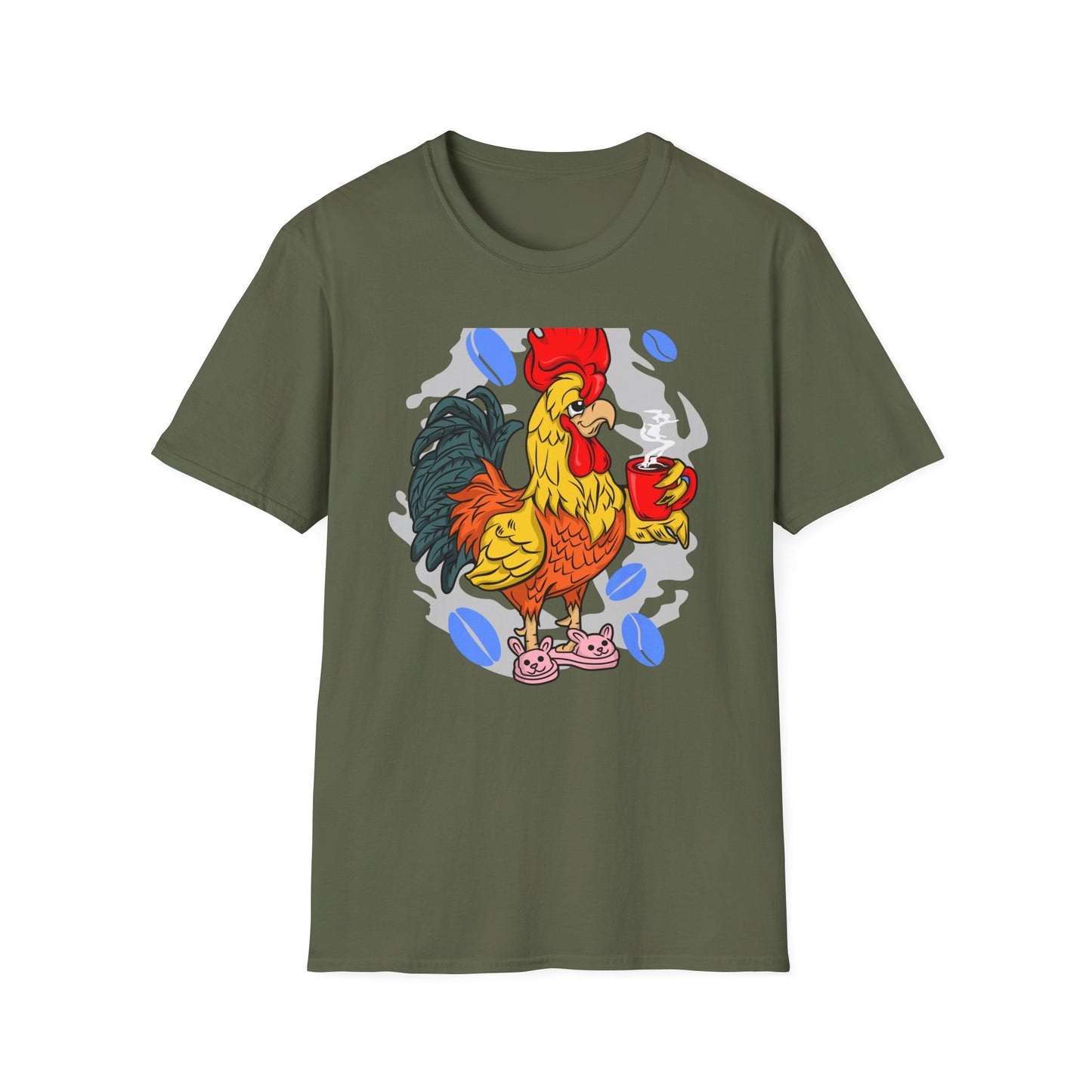 Hilarious Coffee Rooster T-Shirt for Early Birds & Coffee Lovers | Charming Morning Wake-Up Tee with Bunny Slippers | Unique Gift