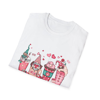 Adorable Coffee is My Valentine Gnomes T-Shirt | Whimsical Hearts & Coffee Lover Tee | Funny Anti-Valentine Gift