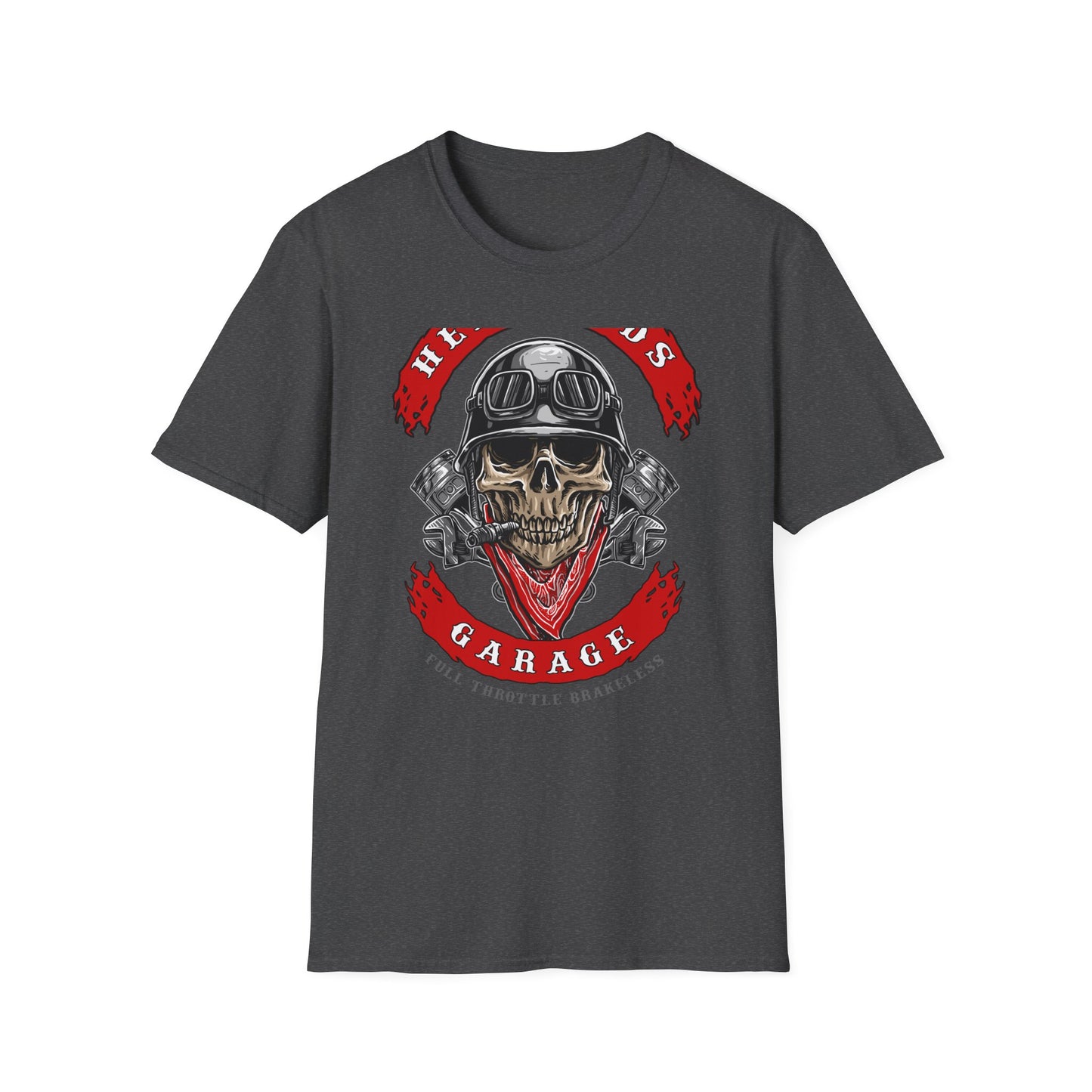 Epic Biker Skull T-Shirt: Hellroads Garage Full Throttle Design - Vintage Mechanic & Hot Rod Tee