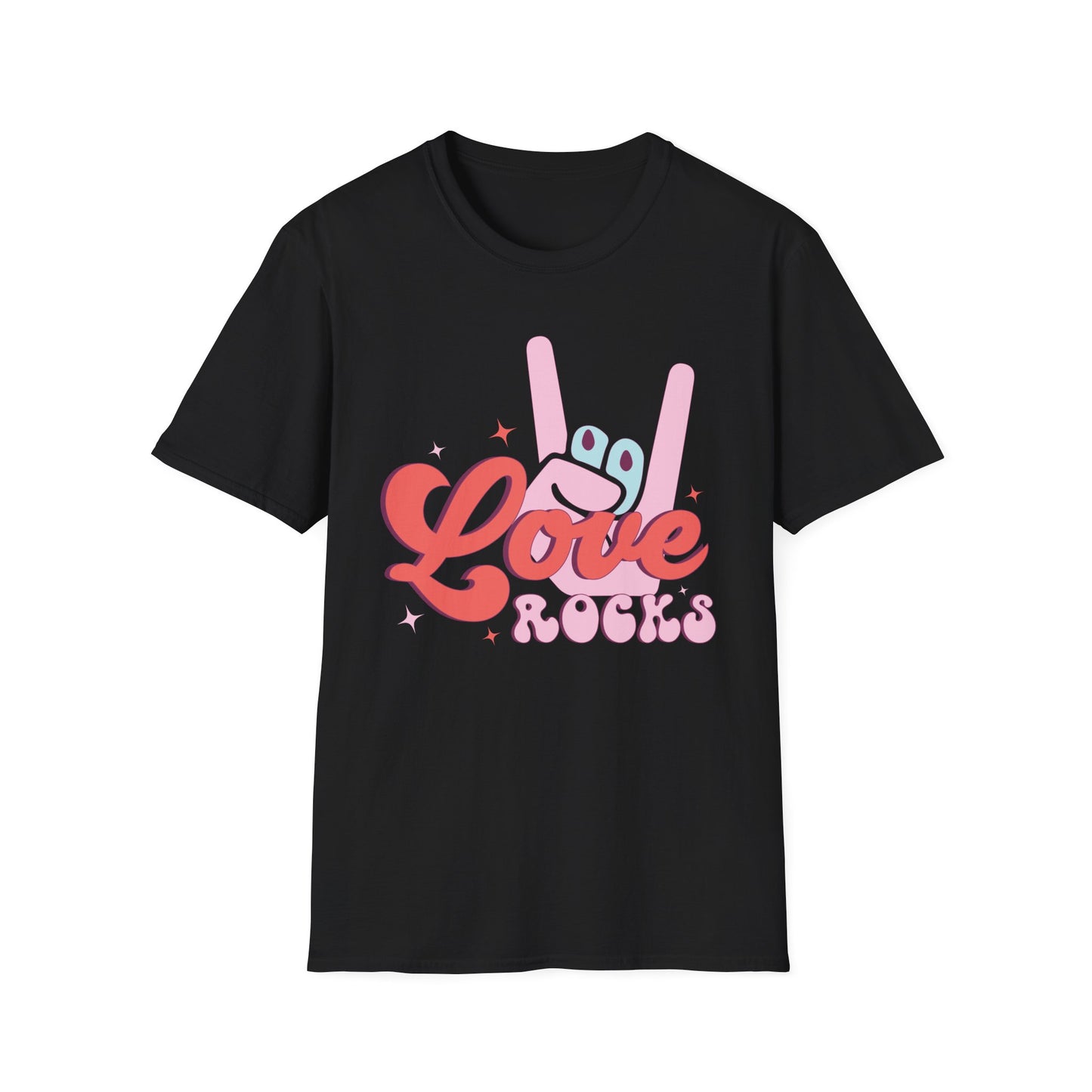 Epic Groovy 'Love Rocks' T-Shirt | Retro Rock On Hand Gesture Tee | Vibrant Vintage Music Lover Top
