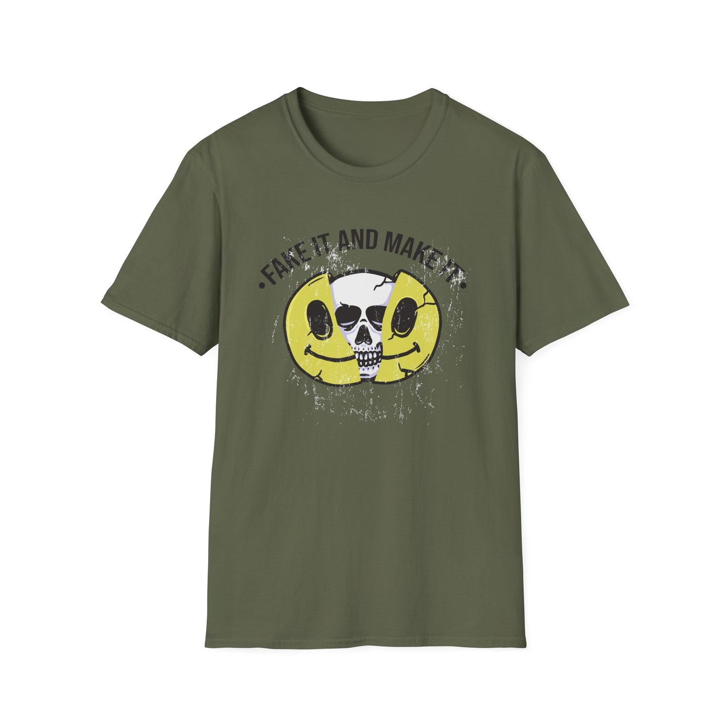 Fake It And Make It Skull T-Shirt - Edgy Cracked Smiley Grunge Aesthetic Tee for Bold Style & Motivation
