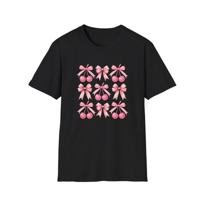 Chic Pink Bow & Cherry Heart T-Shirt | Adorable Coquette Aesthetic Tee | Sweet Girly Fashion Top for Women & Teens