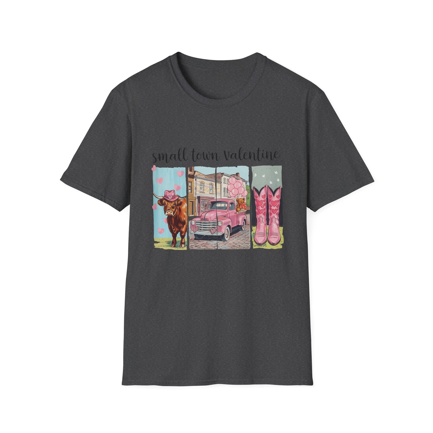 Charming Small Town Valentine T-Shirt | Cute Highland Cow, Pink Truck & Cowboy Boots | Adorable Romantic Gift for Her