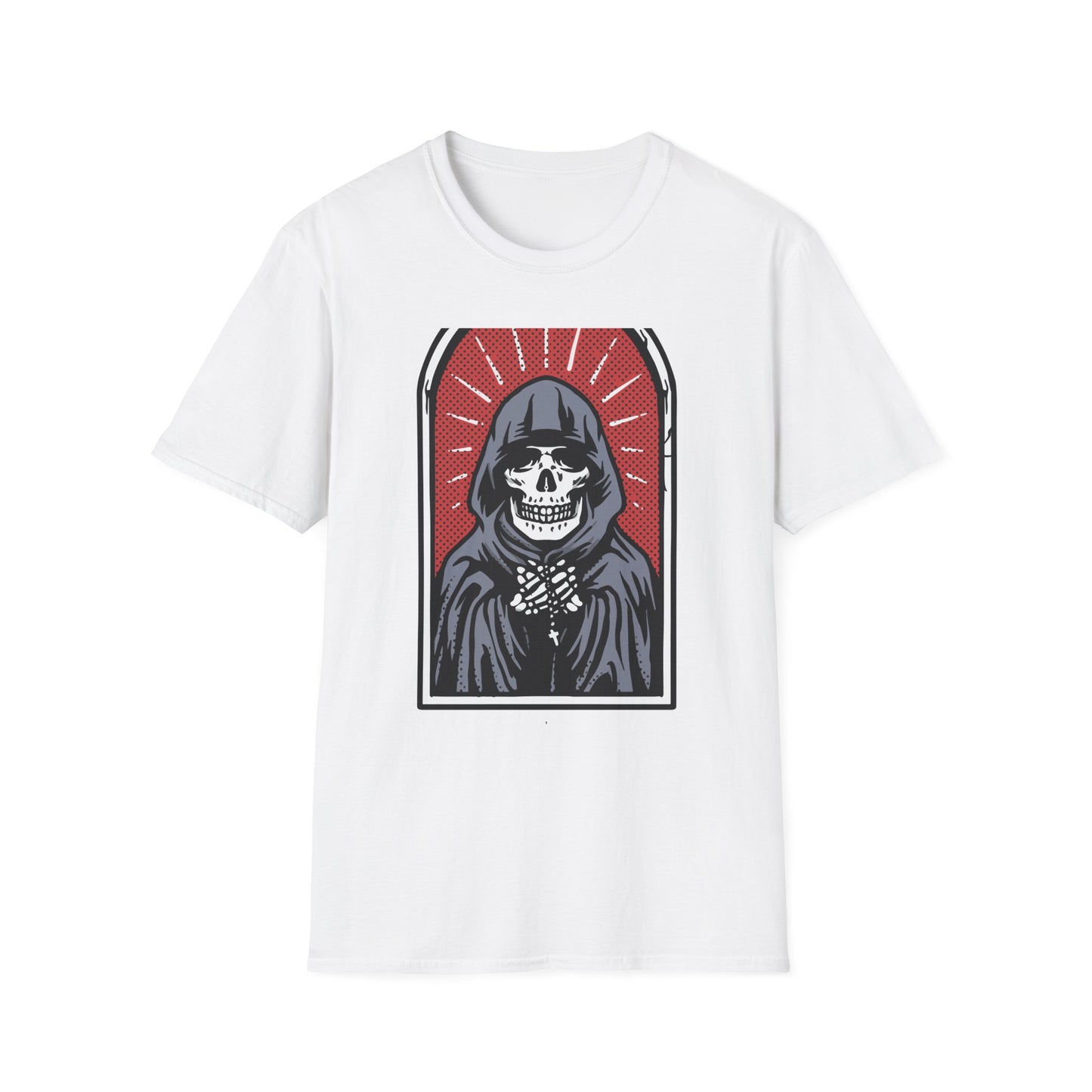 Bold Pop Art Skeleton T-Shirt: Hooded Grim Reaper with Rosary - Unique Gothic Alt Style Tee