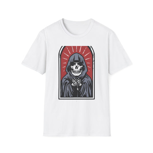 Bold Pop Art Skeleton T-Shirt: Hooded Grim Reaper with Rosary - Unique Gothic Alt Style Tee