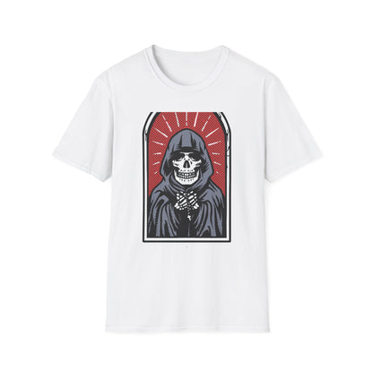 Mystic Grim Reaper Rosary T-Shirt | Edgy Skeleton Skull Goth Tee | Unique Dark Aesthetic Apparel | Spooky Halloween Gift