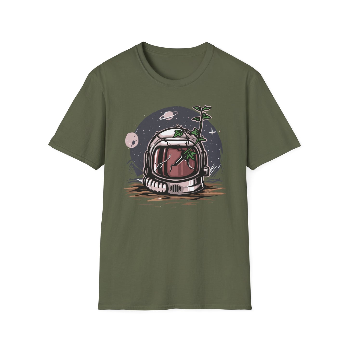 Resilient Space Bloom Astronaut Helmet T-Shirt | Unique Cosmic Growth Graphic Tee for Nature & Sci-Fi Lovers