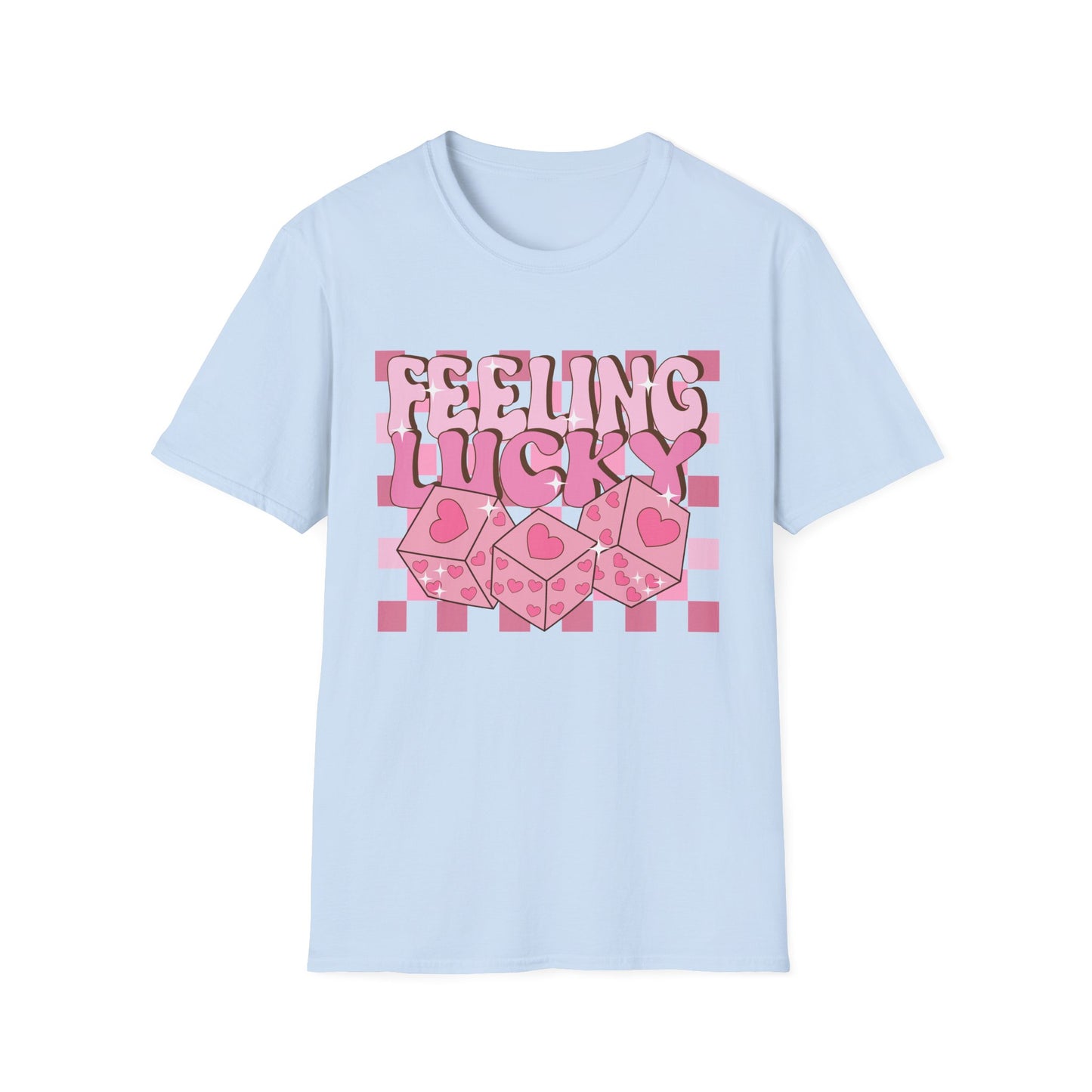 Feeling Lucky Groovy T-Shirt | Pink Heart Dice Retro Aesthetic Tee | Trendy Y2K Cute Sparkling Top for Women & Teens