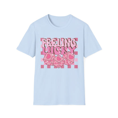 Feeling Lucky Groovy T-Shirt | Pink Heart Dice Retro Aesthetic Tee | Trendy Y2K Cute Sparkling Top for Women & Teens