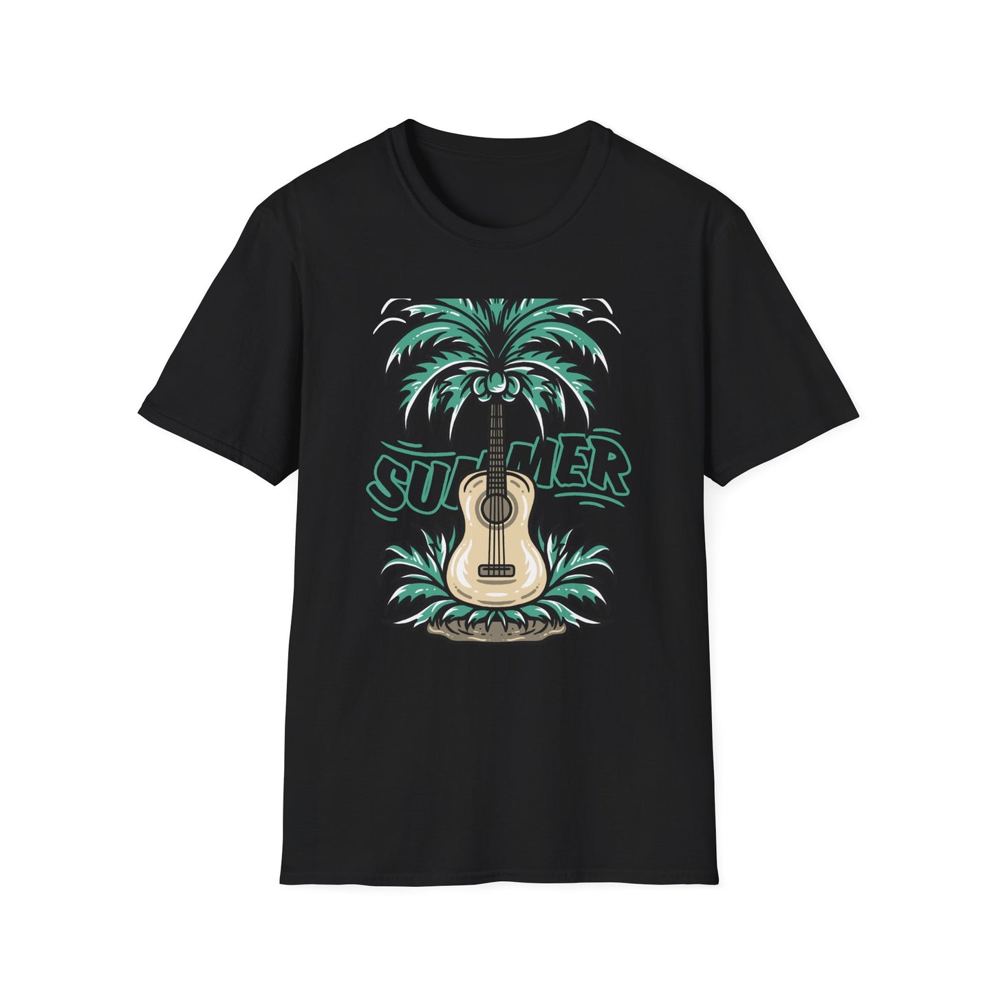 Vibrant Summer Guitar T-Shirt: Cool Palm Tree & Acoustic Beach Tee | Essential Music Lover Vacation Shirt