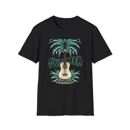 Vibrant Summer Guitar T-Shirt: Cool Palm Tree & Acoustic Beach Tee | Essential Music Lover Vacation Shirt