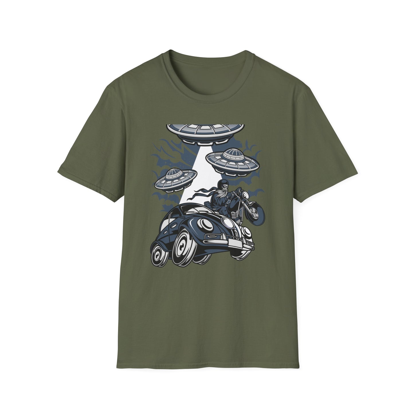 Epic Alien Invasion Biker VW Beetle T-Shirt | Unique Sci-Fi Chopper Car Lover Gift Tee