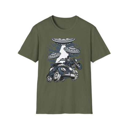 Epic Alien Invasion Biker VW Beetle T-Shirt | Unique Sci-Fi Chopper Car Lover Gift Tee