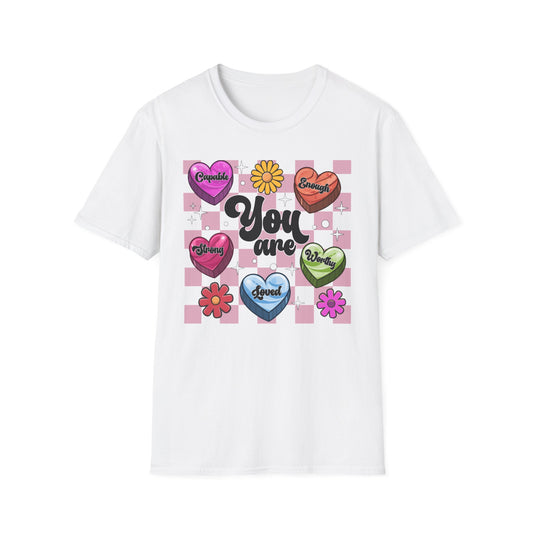 Empowering "You Are" Groovy Affirmation T-Shirt for Women - Self-Love Retro Candy Heart Tee - Inspiring Chic Gift
