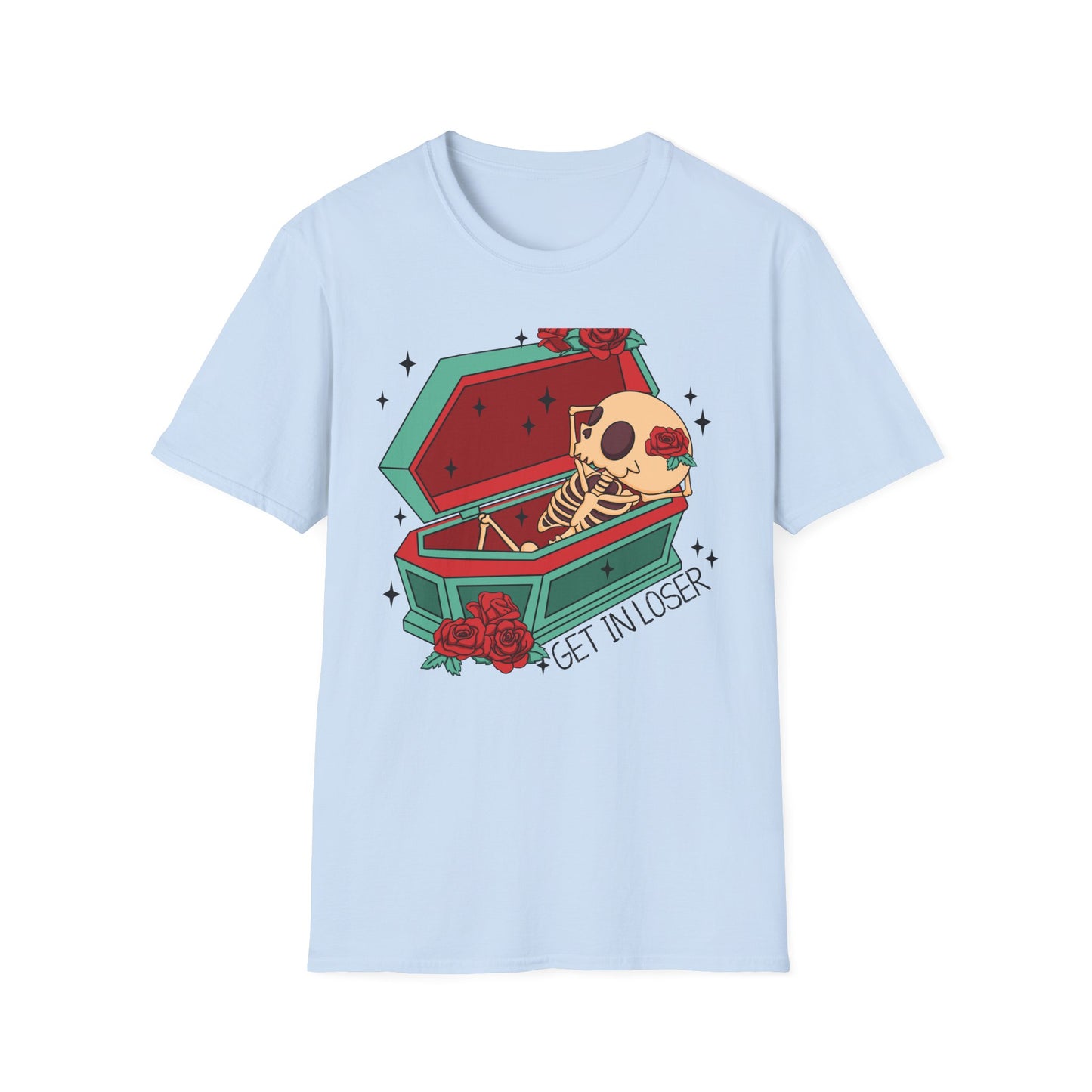 Chill Skeleton in Coffin T-Shirt | Unique Spooky Cute Goth Tee with Red Roses | Ultimate Alternative Style
