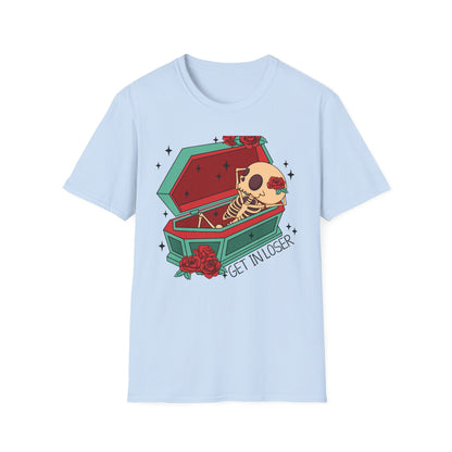 Chill Skeleton in Coffin T-Shirt | Unique Spooky Cute Goth Tee with Red Roses | Ultimate Alternative Style