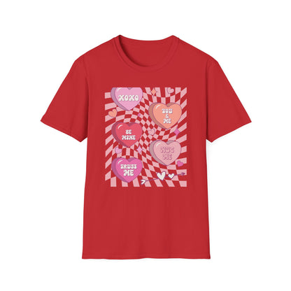 Groovy Conversation Hearts T-Shirt | Y2K Aesthetic Wavy Checkerboard Valentine's Day Tee | Adorable Retro Love Gift