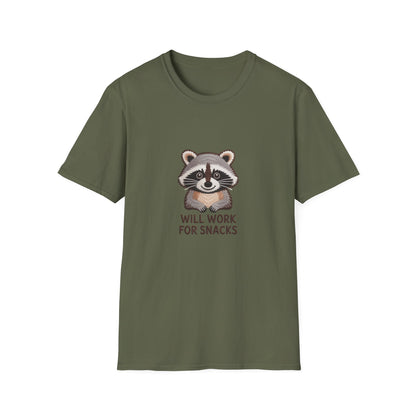 Hilarious Raccoon 'Will Work For Snacks' T-Shirt | Adorable Embroidered-Style Animal Lover Tee Gift