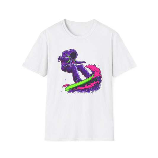 Vibrant Astronaut Surfing T-Shirt - Epic Space Wave Design for Sci-Fi & Surf Lovers | Unique Cosmic Apparel