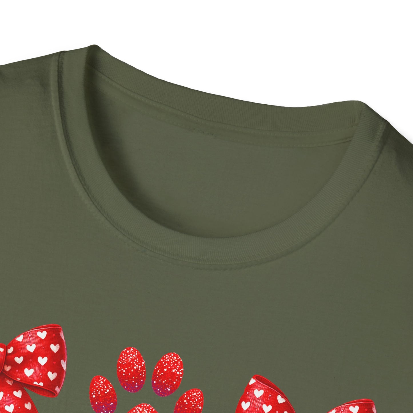 Charming Pet Love T-Shirt: Red Heart Bows & Glitter Paw Prints | Valentine's Day Animal Lover Tee