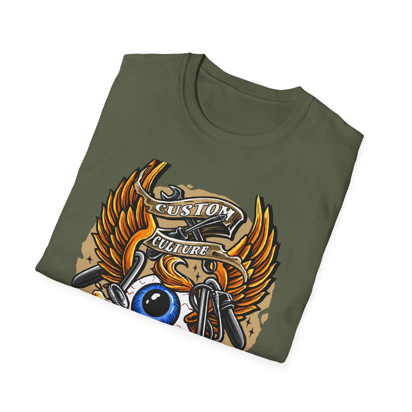 Epic Custom Culture T-Shirt | Bold Flaming Eye & Biker Wings Design | Unleash Your Rebel Spirit - Hot Rod Tee