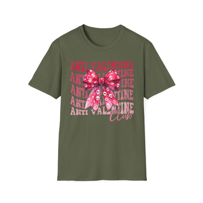 Sassy Anti Valentine's Club T-Shirt: Edgy Pink Skull Bow Tee | Unique Valentine's Day Rejection & Goth Aesthetic Statement Top