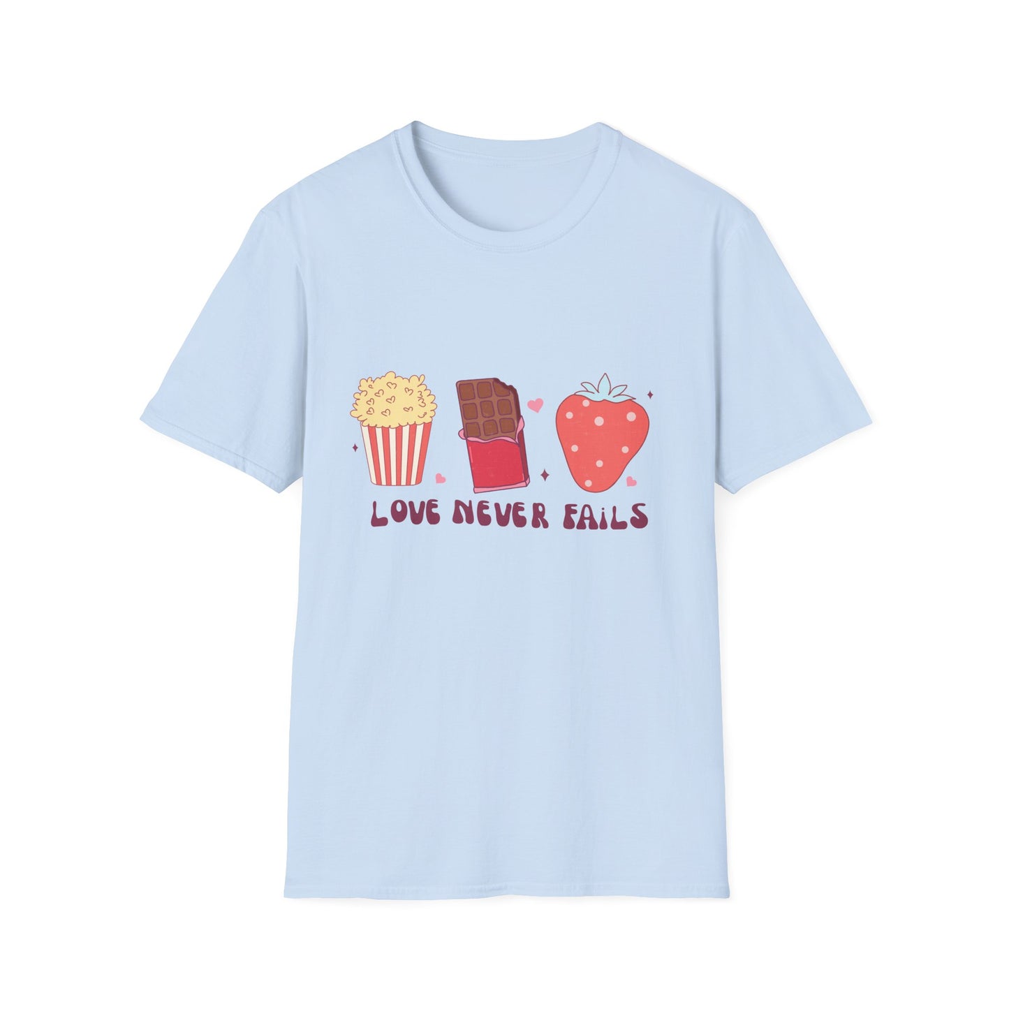 Delicious Retro Love Never Fails T-Shirt - Popcorn, Chocolate, Strawberry Snack Tee for Foodies & Romantics