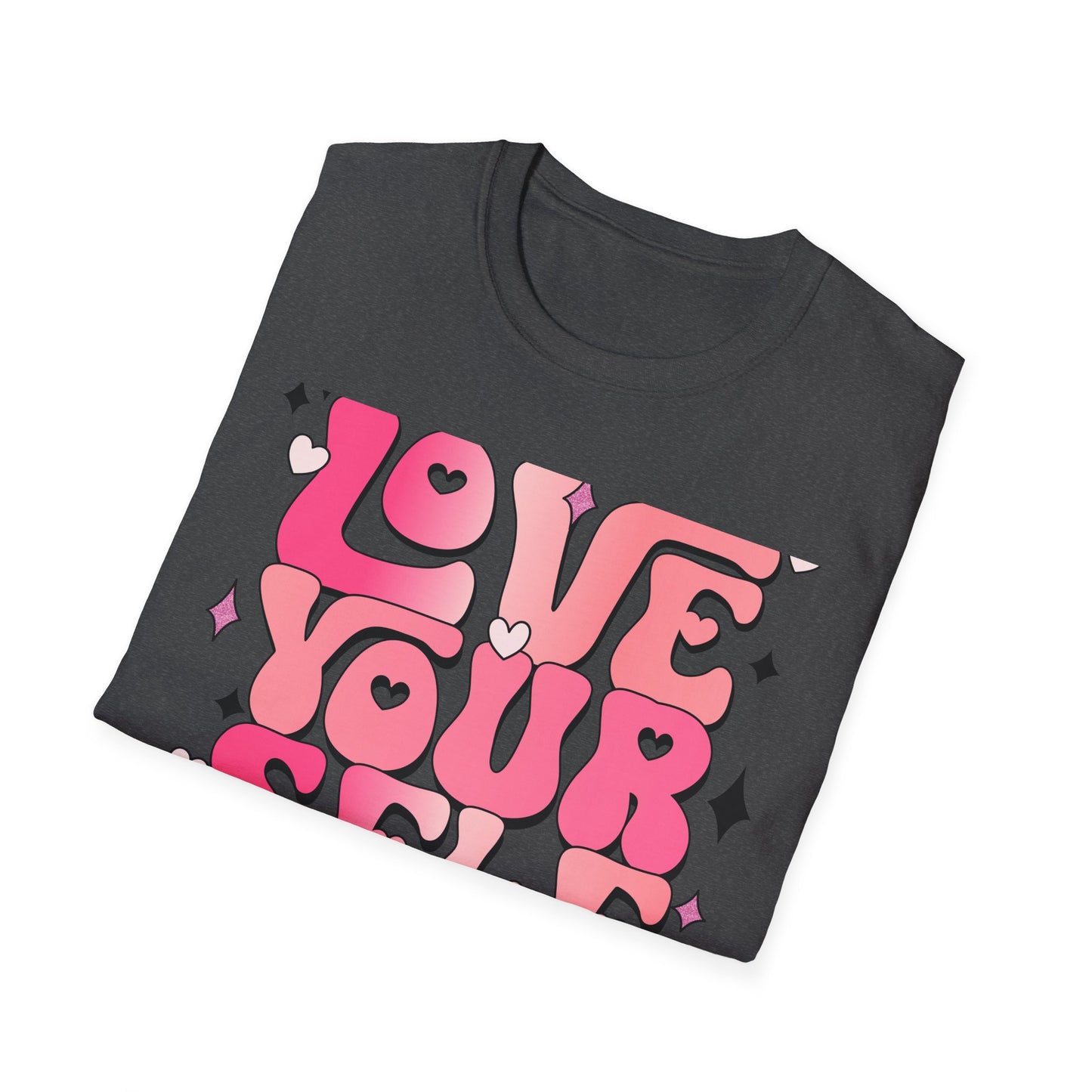 Groovy "Love Yourself" T-Shirt | Pink Retro Self-Love Tee with Hearts & Sparkles | Empowering & Chic Women's Affirmation Top