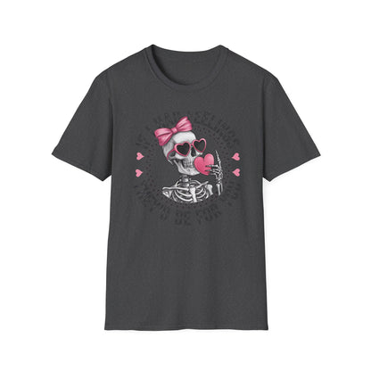 Sarcastic Skeleton Love T-Shirt | Edgy Pink Heart Sunglasses & Bow Graphic Tee | Funny Valentine's Day Gift for Her