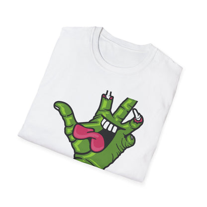 Groovy Zombie Hand T-Shirt with Smiling Monster Face | Spooky Halloween Rock On Tee | Creepy Fun Apparel