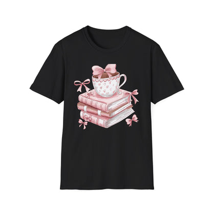 Cozy Pink Books & Teacup T-Shirt | Aesthetic Book Lover Gift | Delightful Reader Style Top