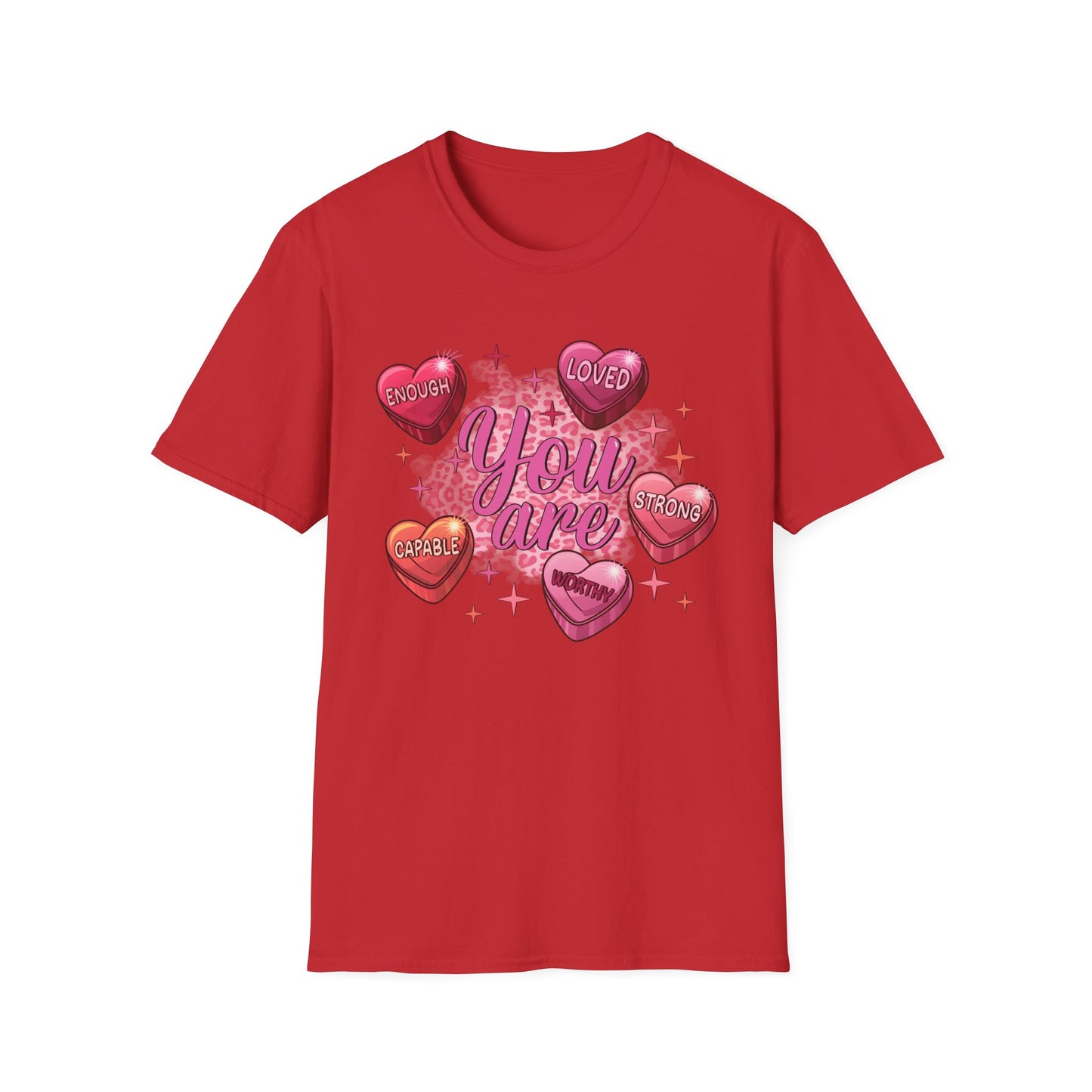 Vibrant 'You Are' Empowering T-Shirt | Self-Love Conversation Hearts & Leopard Print Tee for Women & Girls | Positive Affirmation Gift