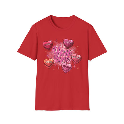 Empowering "You Are" Self-Love T-Shirt: Sweet Candy Heart Affirmations & Chic Leopard Print for Her