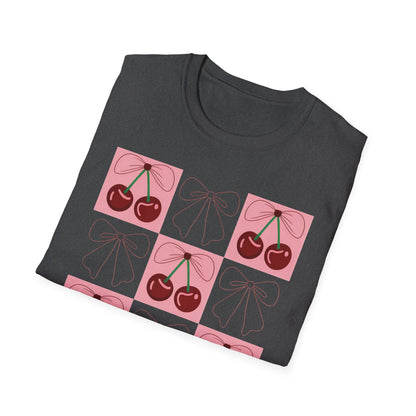 Charming Coquette Cherry Bow T-Shirt | Sweet Pink Aesthetic & Trendy Fruit Pattern Tee for Women