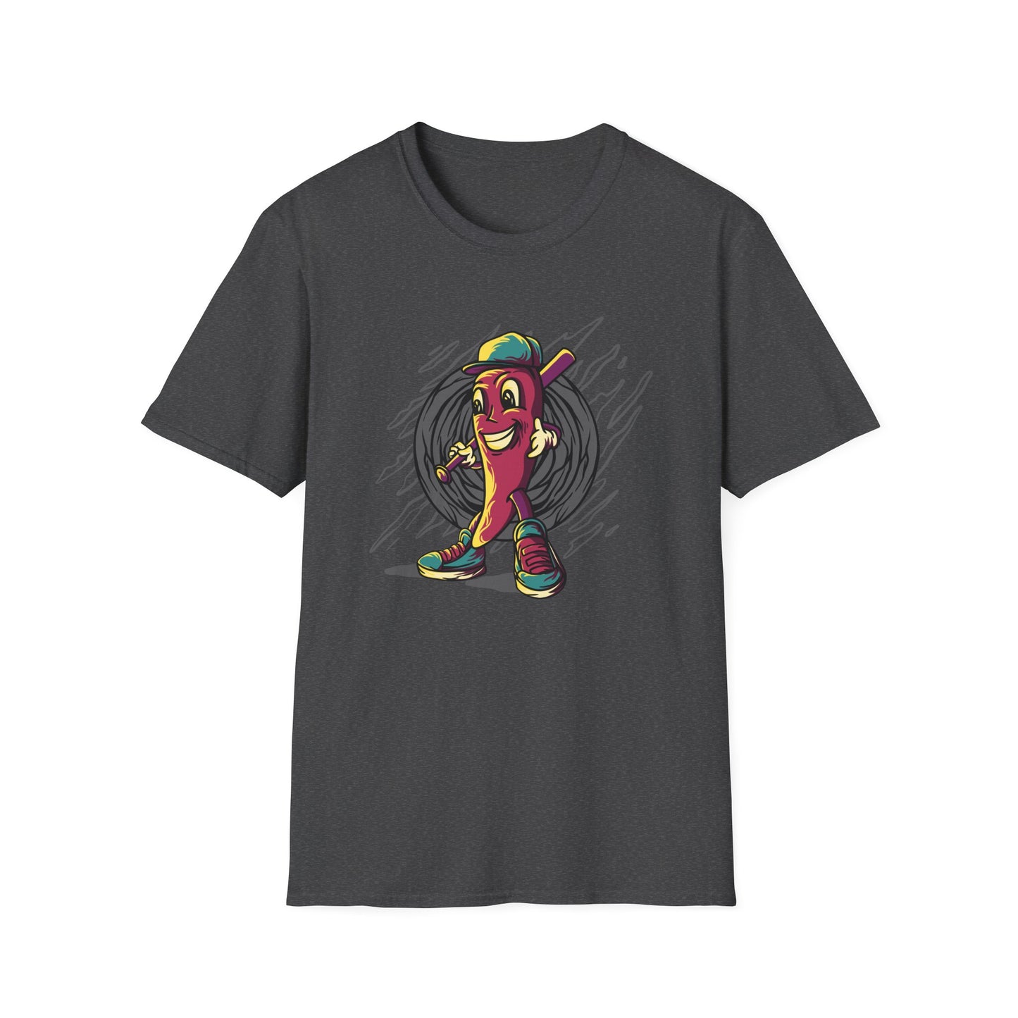 Epic Chili Pepper Baseball Player T-Shirt - Vibrant Cartoon Hot Pepper Tee for Sports Fans | Unique Game Day Apparel