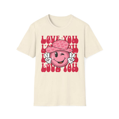 Super Cute Groovy Smiley Face T-Shirt - Pink Hearts Cowboy Hat & Peace Sign - Awesome 'Love You' Tee for Valentine's Day