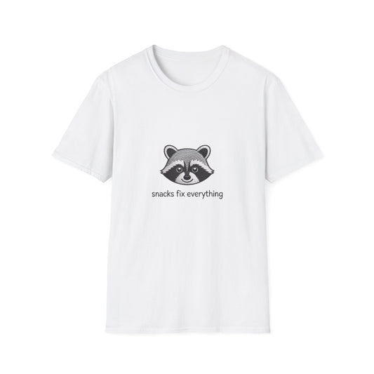 Adorable Raccoon 'Snacks Fix Everything' Embroidered T-Shirt - Hilarious Animal Lover & Foodie Tee - Premium Unique Gift