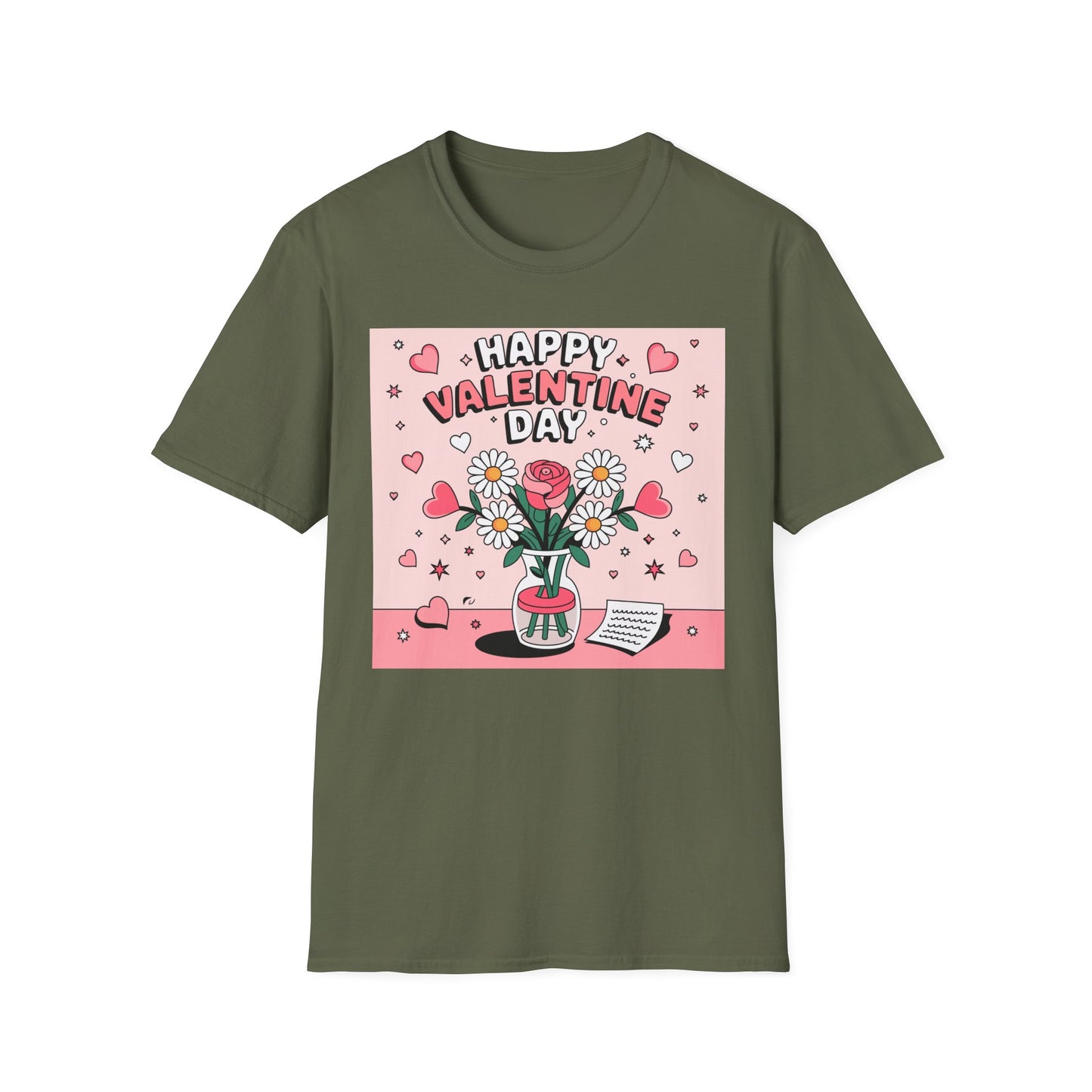 Happy Valentine's Day Floral T-Shirt | Retro Hearts & Daisy Bouquet Tee | Sweet Romantic Gift Idea