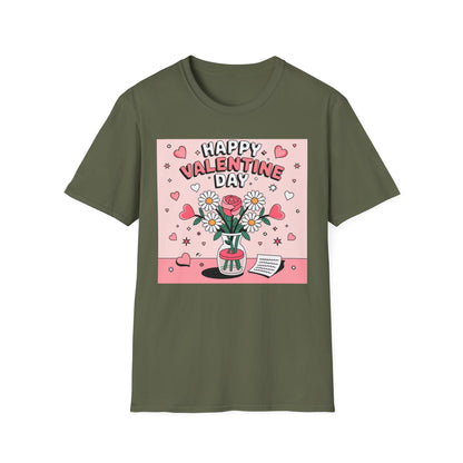 Happy Valentine's Day Floral T-Shirt | Retro Hearts & Daisy Bouquet Tee | Sweet Romantic Gift Idea