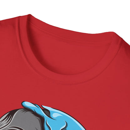 Epic Melting Skull & Blue Cartoon Split Face T-Shirt | Unique Edgy Graphic Tee for Streetwear & Art Lovers